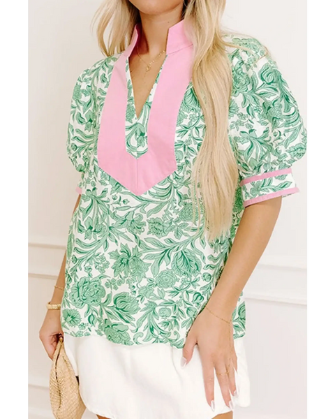 green and Pink summer floral blouse for women with short sleeves and relaxed fit