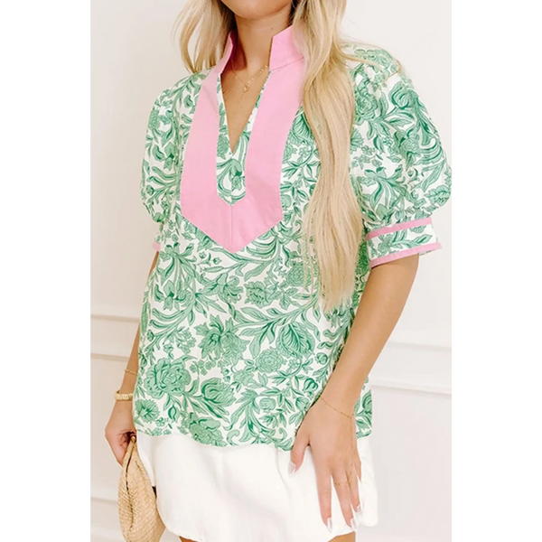 green and Pink summer floral blouse for women with short sleeves and relaxed fit