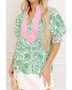 green and Pink summer floral blouse for women with short sleeves and relaxed fit