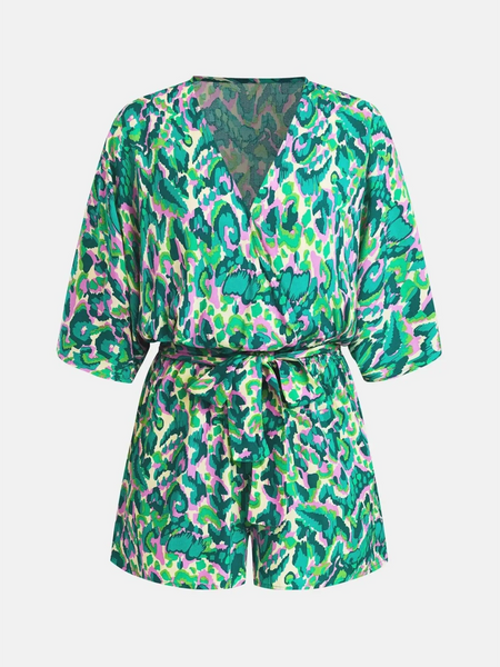 Babe Beachwear blue batwing romper for travel featuring vibrant green and blue pattern with waist tie