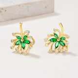 Green Palm Leaves Stud Earrings with gold setting and sparkling clear stones
