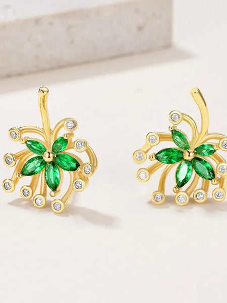  Green Palm Leaves Stud Earrings with gold setting and sparkling clear stones