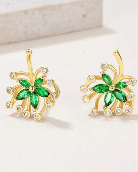  Green Palm Leaves Stud Earrings with gold setting and sparkling clear stones