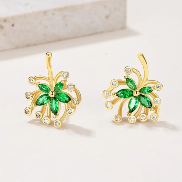  Green Palm Leaves Stud Earrings with gold setting and sparkling clear stones