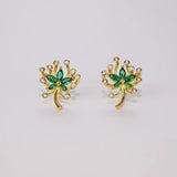  Green Palm Leaves Stud Earrings with gold-tone metal and green gemstone details