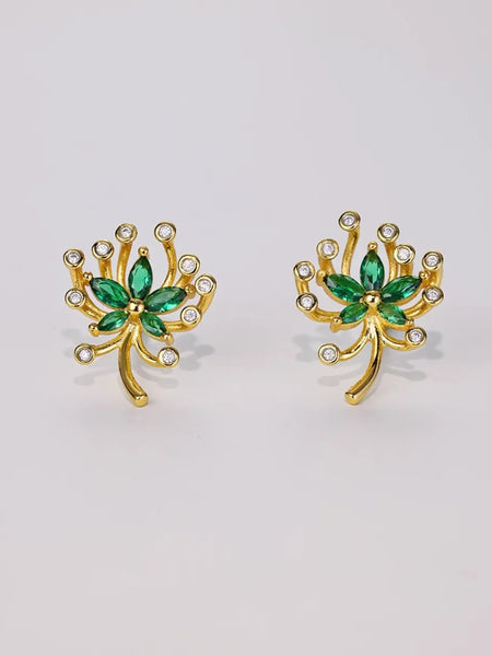  Green Palm Leaves Stud Earrings with gold-tone metal and green gemstone details
