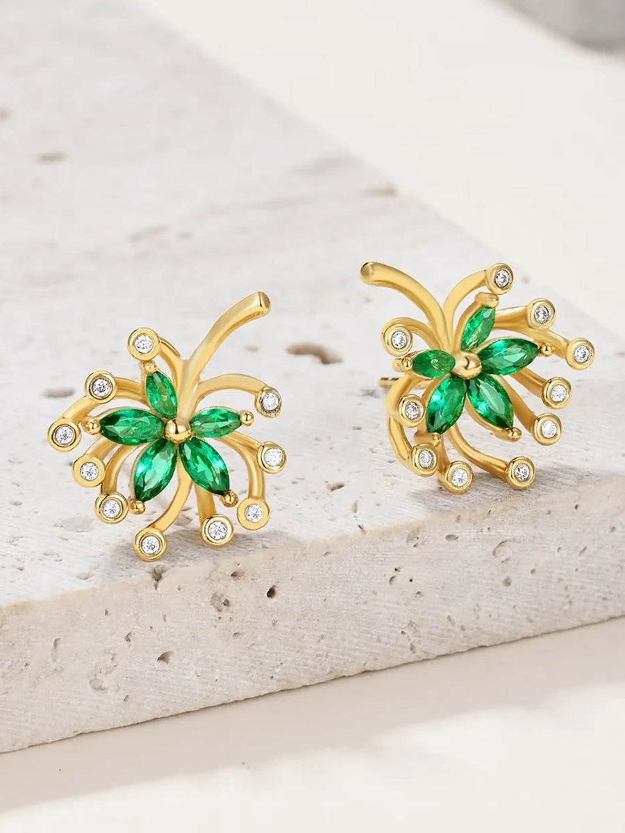  Green Palm Leaves Stud Earrings with gold-tone and green gemstone accents