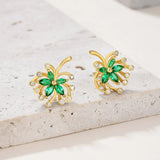  Green Palm Leaves Stud Earrings with gold-tone and green gemstone accents