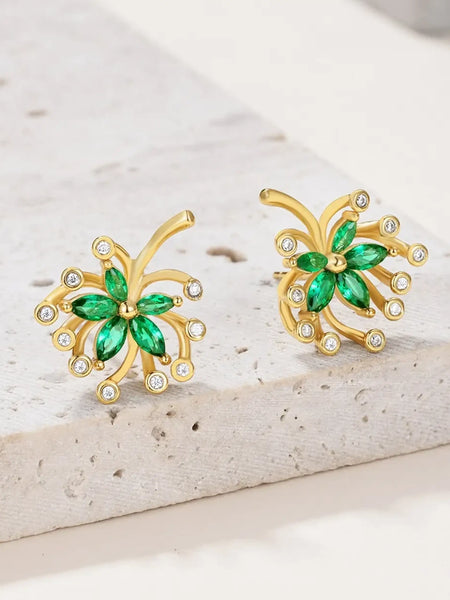  Green Palm Leaves Stud Earrings with gold-tone and green gemstone accents