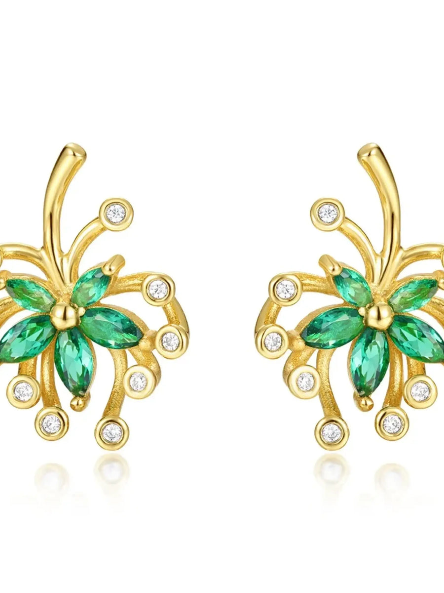 Green Palm Leaves Stud Earrings with gold and green gemstone floral design