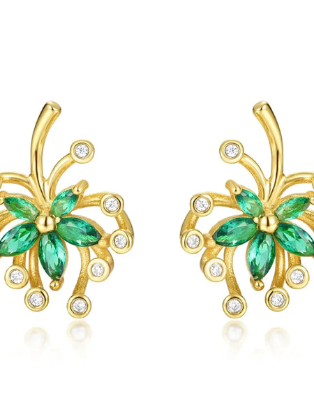 Green Palm Leaves Stud Earrings with gold and green gemstone floral design