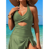 Beach Babes olive green sexy cutout swim dress with halter neck and side slit detail at the beach