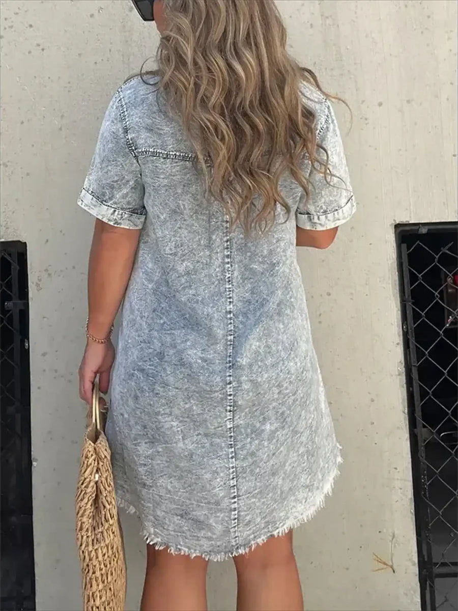 Babe Beachwear short sleeve tunic midi dress plus size in light denim style with frayed hem back view