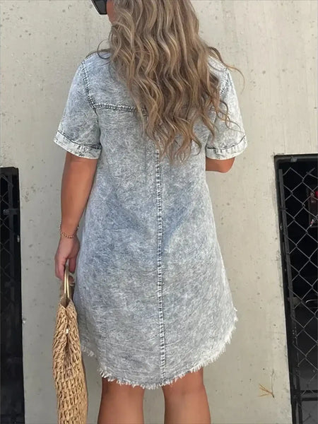 Babe Beachwear short sleeve tunic midi dress plus size in light denim style with frayed hem back view