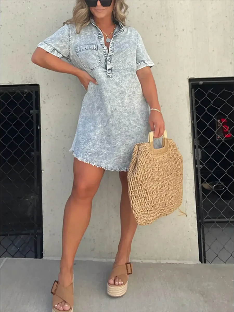 Babe Beachwear short sleeve tunic midi dress plus size in light wash denim with front pockets