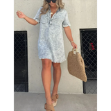 Babe Beachwear short sleeve tunic midi dress plus size in faded denim with front pockets and frayed hem