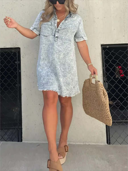 Babe Beachwear short sleeve tunic midi dress plus size in faded denim with front pockets and frayed hem