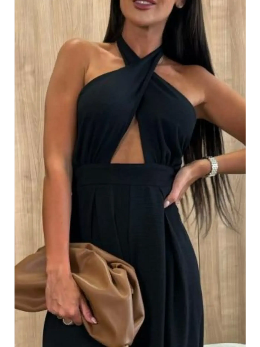Babe Beachwear black halter neck wide leg jumpsuit with crossed neckline and sleeveless design
