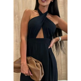 Babe Beachwear black halter neck wide leg jumpsuit with crossed neckline and sleeveless design