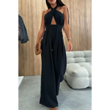 Babe Beachwaer black halter neck wide leg jumpsuit with cutout front and flowy pants