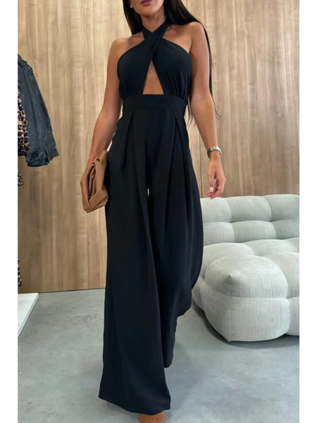 Babe Beachwaer black halter neck wide leg jumpsuit with cutout front and flowy pants