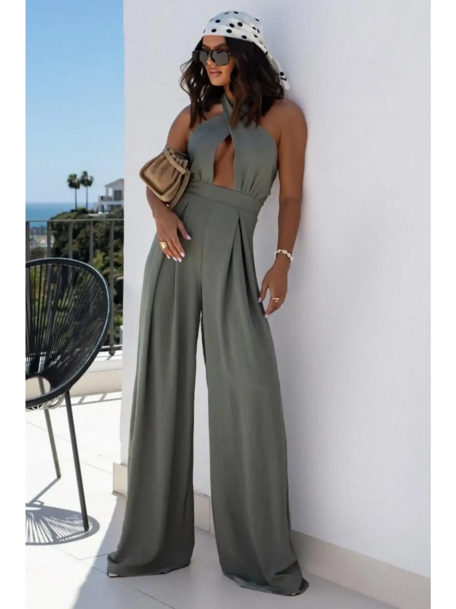 Babe Beachwear halter neck wide leg jumpsuit in olive green with sleeveless design and keyhole front detail