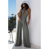Babe Beachwear halter neck wide leg jumpsuit in olive green with sleeveless design and keyhole front detail