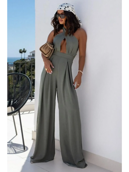Babe Beachwear halter neck wide leg jumpsuit in olive green with sleeveless design and keyhole front detail