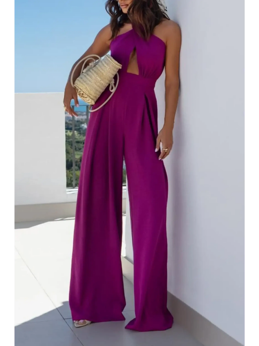 Babe Beachwear halter neck wide leg jumpsuit in purple with cutout detail and side pockets