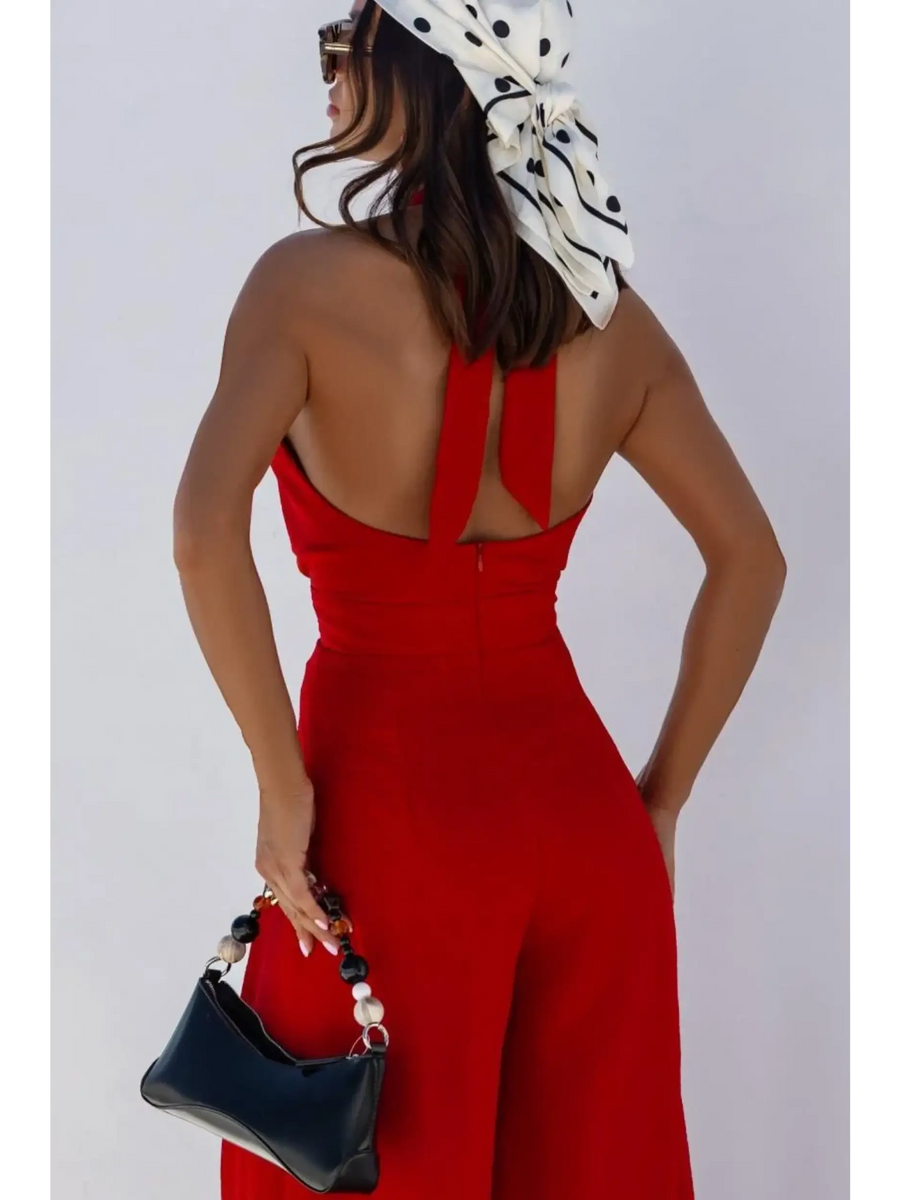 Babe Beachwaer halter neck wide leg jumpsuit in red with open back and accessories