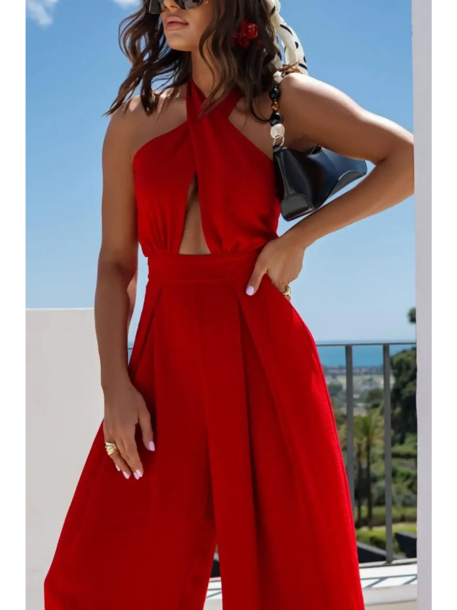 Babe Beachwear red halter neck wide leg jumpsuit with sleeveless design and front cutout