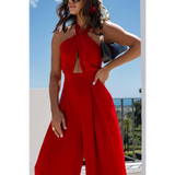 Babe Beachwear red halter neck wide leg jumpsuit with sleeveless design and front cutout