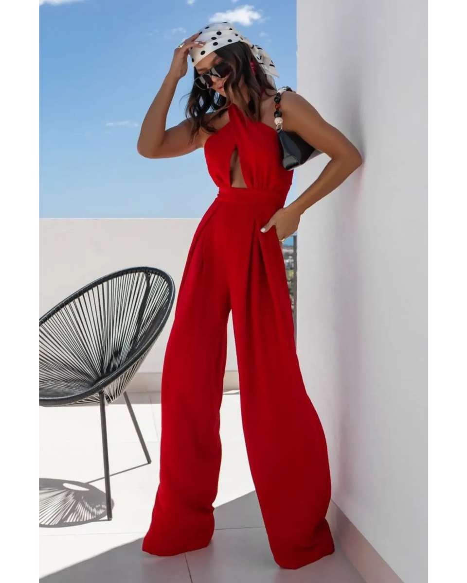Babe Beachwear red halter neck wide leg jumpsuit with keyhole front detail and flowing pants