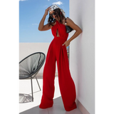 Babe Beachwear red halter neck wide leg jumpsuit with keyhole front detail and flowing pants