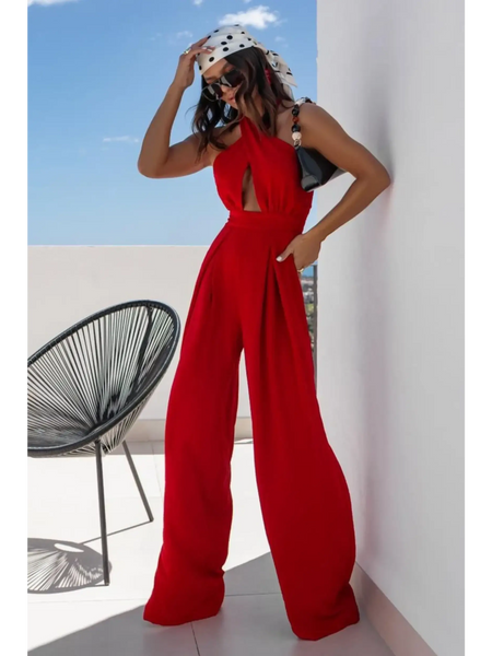 Babe Beachwear red halter neck wide leg jumpsuit with keyhole front detail and flowing pants