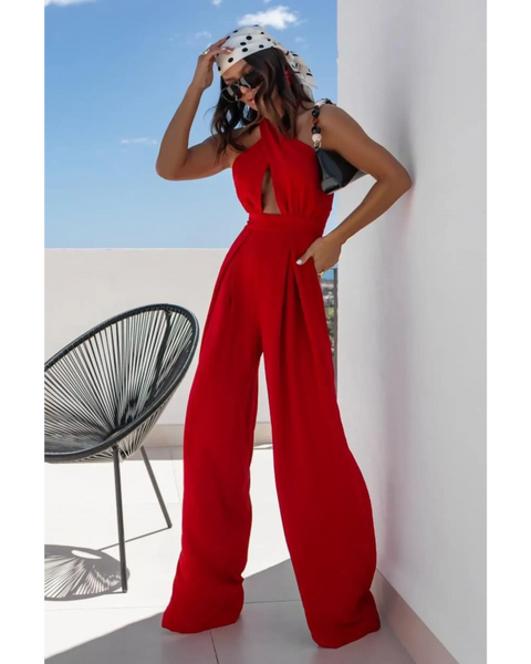 Babe Beachwear red halter neck wide leg jumpsuit with keyhole front detail and flowing pants
