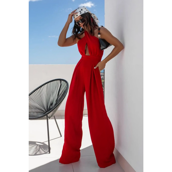 Babe Beachwear red halter neck wide leg jumpsuit with keyhole front detail and flowing pants