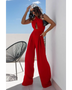 Babe Beachwear red halter neck wide leg jumpsuit with keyhole front detail and flowing pants