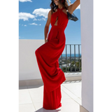 Babe Beachwear red halter neck wide leg jumpsuit with cutout detail worn outdoors