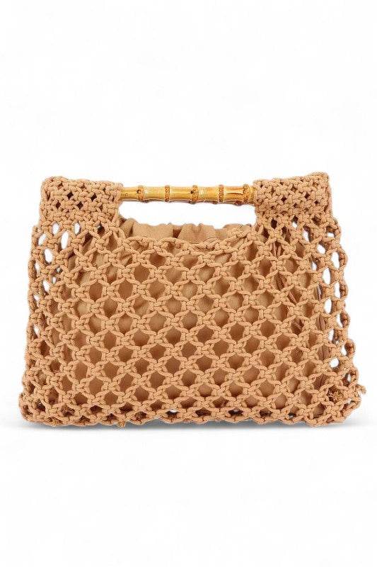 Artini Accessories crochet bamboo handle clutch in tan with intricate woven design and bamboo handles