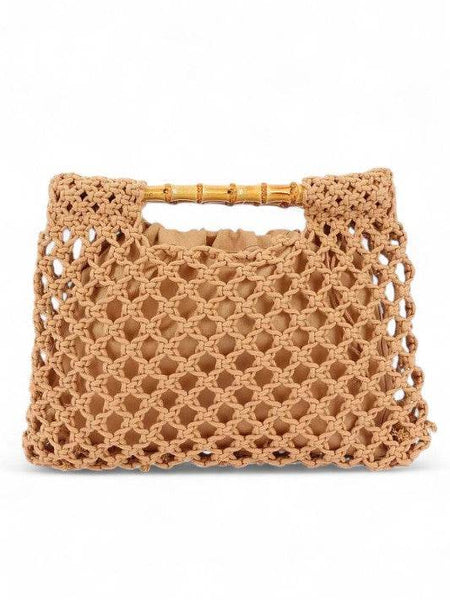 Artini Accessories crochet bamboo handle clutch in tan with intricate woven design and bamboo handles