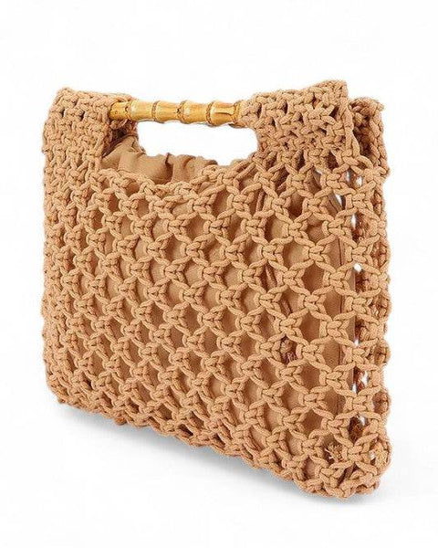 Artini Accessories crochet bamboo handle clutch in tan with intricate woven design and bamboo handles studio image