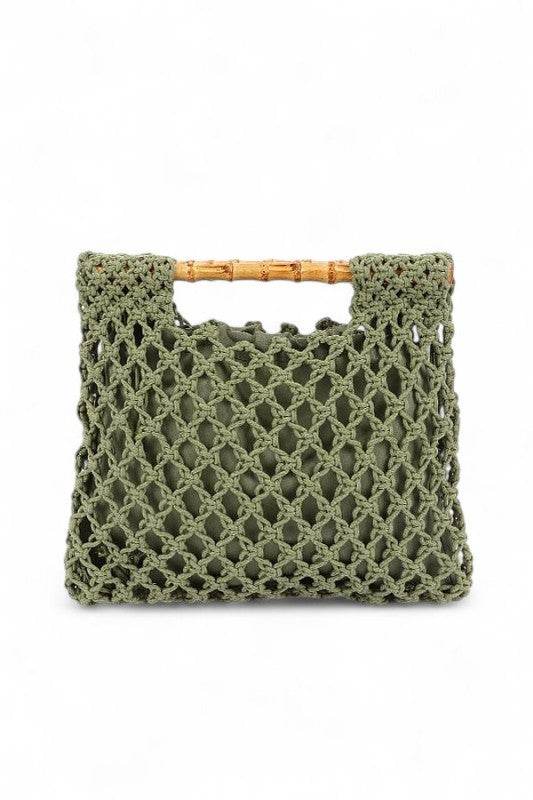 Artini Accessories crochet bamboo handle clutch in olive green with a unique woven design