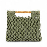Artini Accessories crochet bamboo handle clutch in olive green with a unique woven design