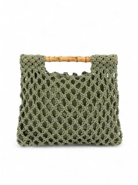 Artini Accessories crochet bamboo handle clutch in olive green with a unique woven design