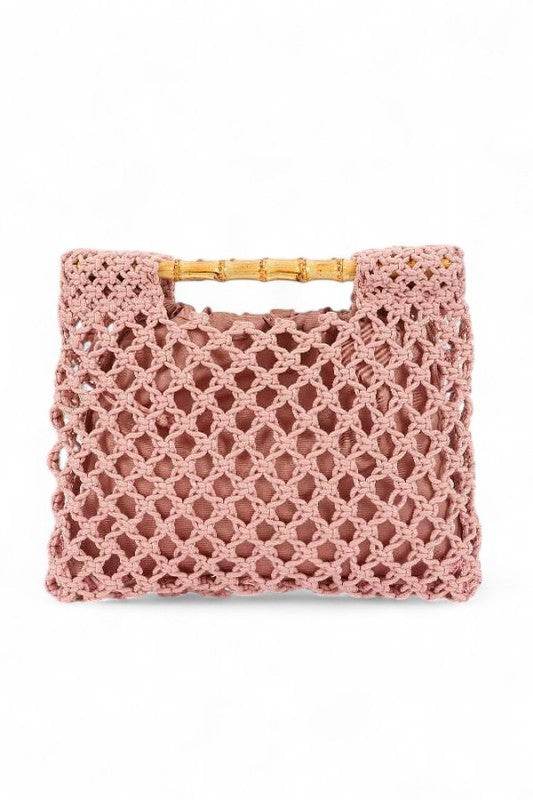 Artini Accessories crochet bamboo handle clutch in pink with open weave design and bamboo handles