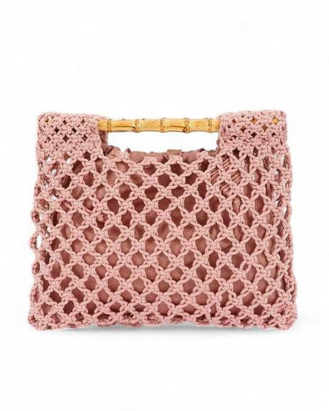 Artini Accessories crochet bamboo handle clutch in pink with open weave design and bamboo handles