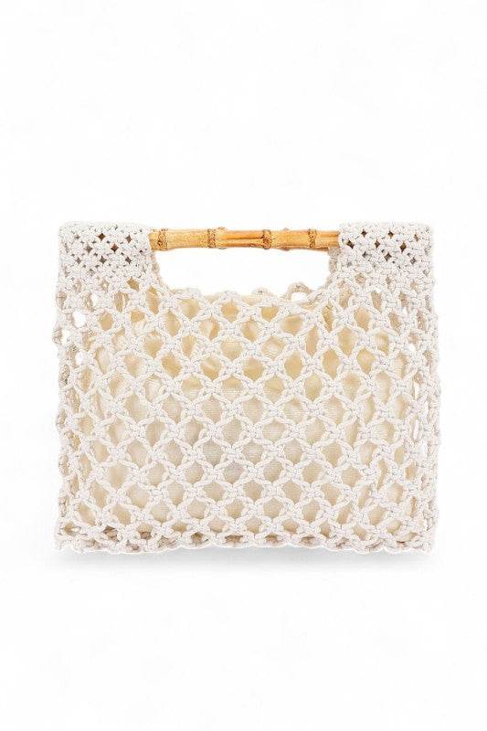 Artini Accessories crochet bamboo handle clutch in cream with open weave design and bamboo handles
