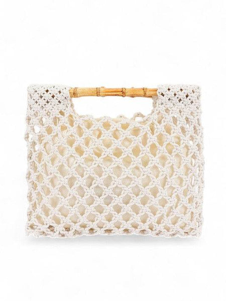 Artini Accessories crochet bamboo handle clutch in cream with open weave design and bamboo handles
