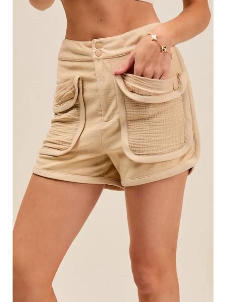 Trendsi beige High Rise Cargo Shorts with textured large front pockets and double button closure